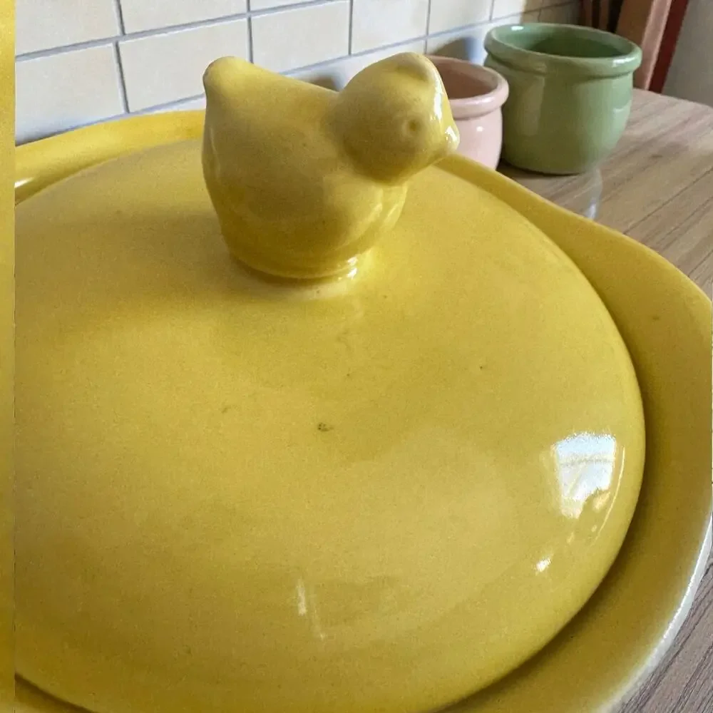 Vintage Hall China Green Yellow Covered Individual Casserole Chick Finial Lid